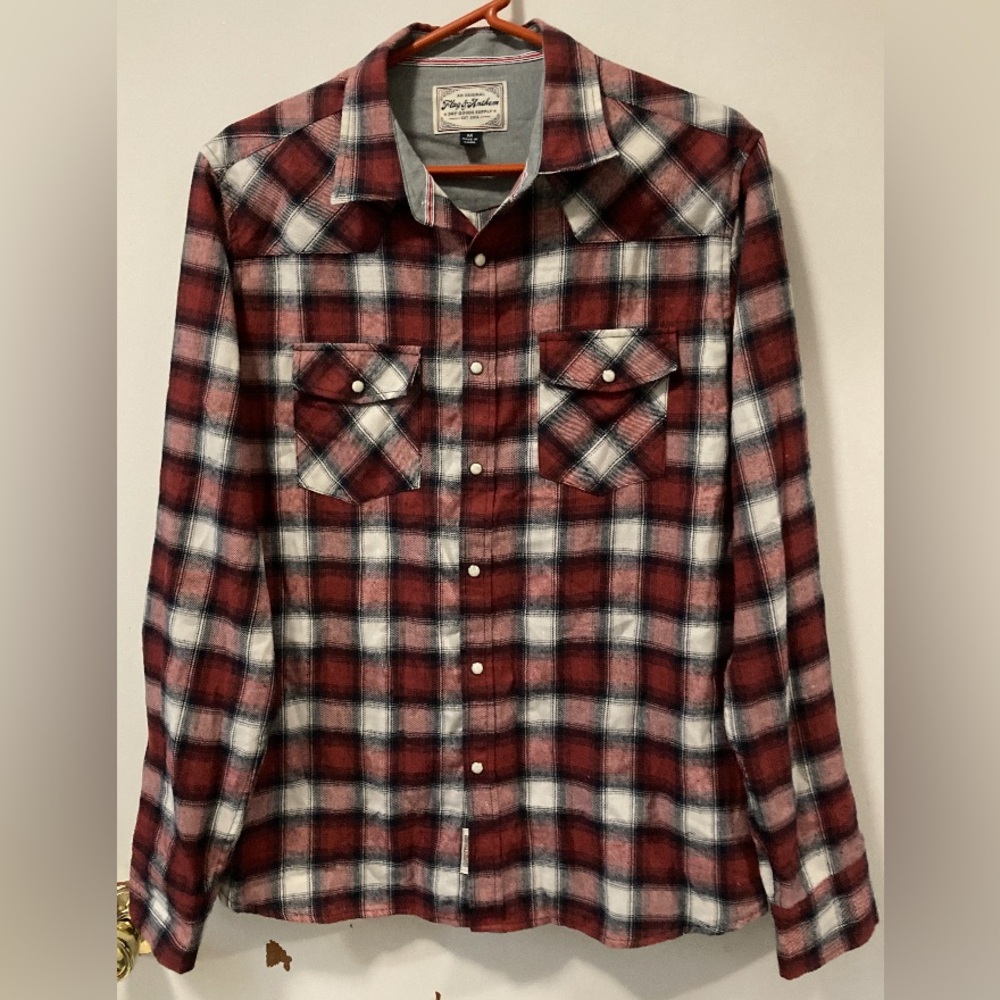 Flag & Anthem Mens Western Shirt Plaid Snap Button Up Medium Red White Black NEW